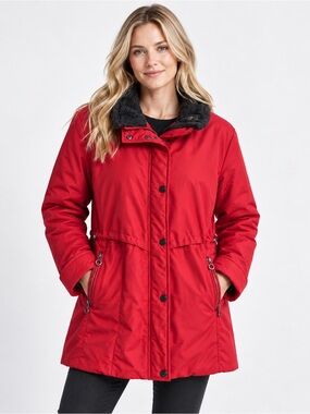 Children's Red Puffer Jacket with Cozy Dark Gray Faux Shearling Collar